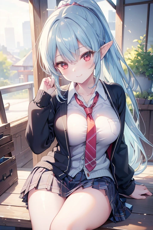 (best quality, masterpiece, ultra-detailed, perfect pixels), (UHD, RTX, 4k wallpaper, japanese anime, CG smooth, textured skin, realistic texture, natural light), 1girl, rio, elf,seductive, busty, perfect body, bangs, long hair,light blue hair (close-up, pov, dynamic pose), ,red eyes,sly smile, beautiful smile, nipslip, medium breasts, blush, (school uniform, jacket, necktie, cardigan, plaid skirt), outdoor, amusement park, leaning forward