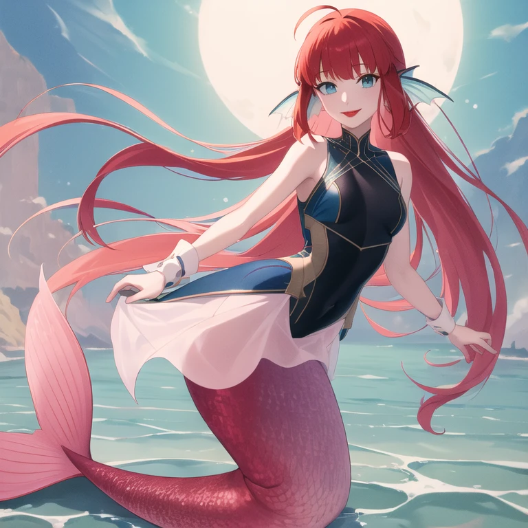 masterpiece, best quality, highres, bbcaster, mermaid, mermaid tail below waistline, long hair, red hair, ahoge, red lips, blue eyes, leotard, mermaid dress, underwater deep sea, cowboy shot, smile