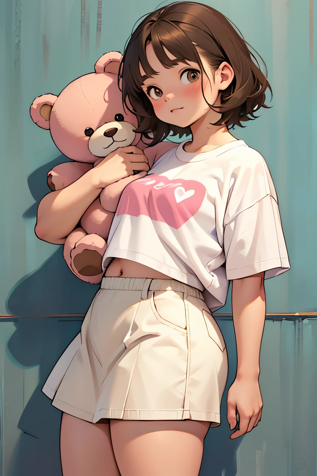 Cute teen tiny girl，Very short stature，Flat Chest，Baby Face，Cute chubby girl, Chubby body type, Light brown wavy, Voluminous short hair、Brown eyes, Wear a white T-shirt and a short denim miniskirt, Fat Girl, Pink sneakers，Holding a big teddy bear，Accurately detailed cute teddy bear，Bruises and gestures，