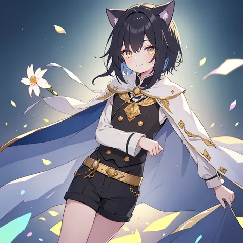 a boy with black hair and cat ears, golden eyes, straight hair, short hair, shoulder-length hair, cute smile, cape, shorts, (hig...