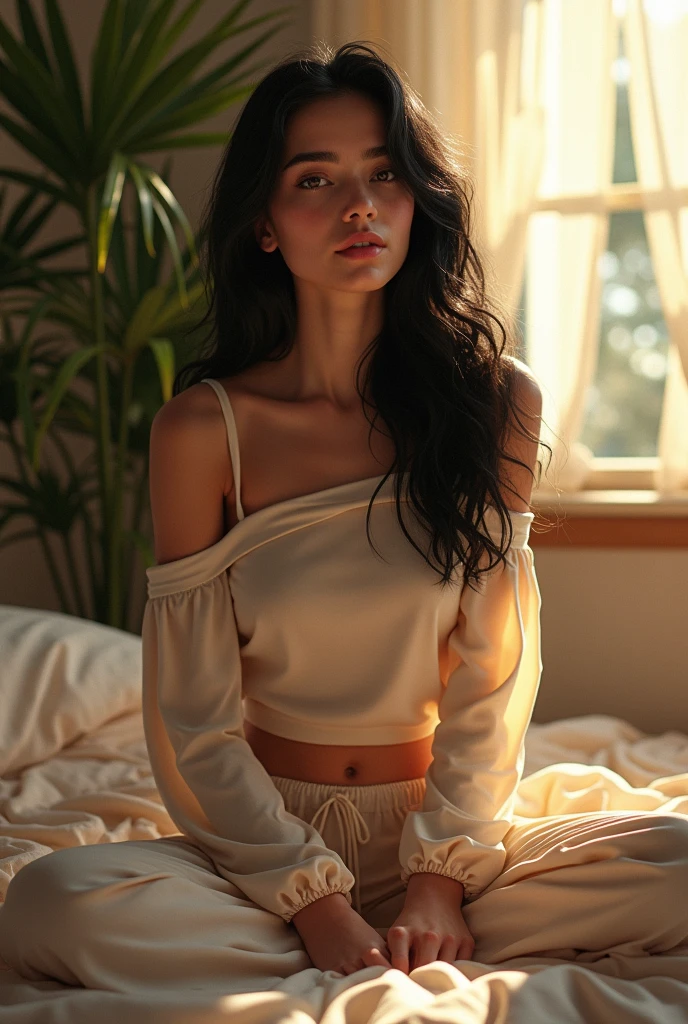(photorealism:1.2), beautiful woman, sitting on bed, wearing loose off-shoulder top, pajama pants