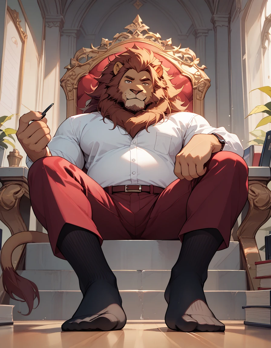 big, furry, muscular male, lion, mane hair, old man, sitting on throne, office socks, black socks, burgundy pants, sole visible, foot focus, low angle view