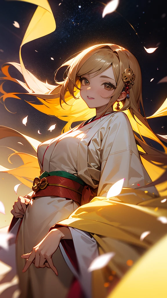 (巨作, Best quality), (Detailed beautiful eyes), (Detailed eyes and detailed face), (Beautiful clear background), (Extremely detailed CG, Super detailed, Best shadows), (( Depth of field)), beauty concept illustration, (illustration), (Extremely delicate and beautiful), (Perfect details), full body shot of a beautiful woman in a perfectly crafted dress, Red-black,golden trim, kimono with flowers 1girl , Flower, Big breasts, solo, hair adornments, Smile, komono, Blonde hair, Black eyes, view the viewer, Full body photo,Cleavage, komono, Long hair, Bare shoulders, hair flower, bangs, Shut up, Blush, Bare shoulders, Ohashi Yeka