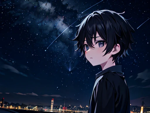 1 boy, Night view, shooting star, Black short hair, He is wearing a grey shirt, He looks long face, metropolis