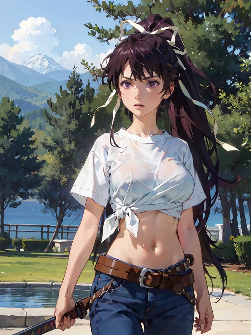 Masterpiece, best quality, height, 1 girl, alone, With shell, Asymmetrical clothes, navel, purple eyes, My hair is very long., Tie-dye shirt, Diaphragm, hair ribbon, Single pant leg, white shirt, ponytail, black hair, big breasts, jeans, white ribbon, brown belt, purple hair, Asymmetrical pants, outdoor, cowboy shoot, sword, weapon,
