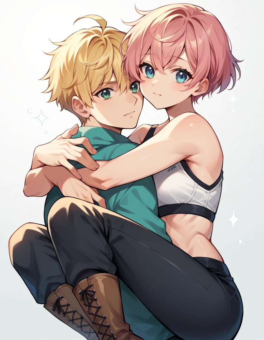 arthur_pendragon_fate, blonde hair, green eyes, short hair, hug a short pink hair girl wear white sports bra, long pants, boots, blue eyes, cute hugging pose