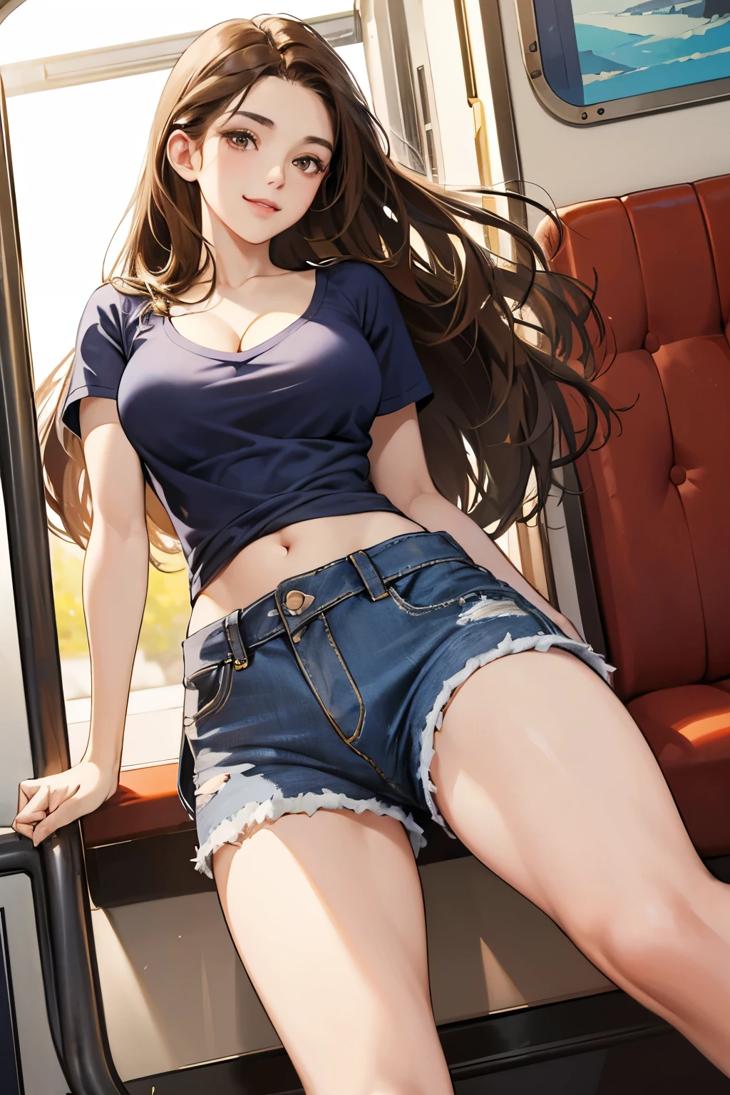 (Realistic: 1.4), Best Quality, Masterpiece, Ultra High Resolution, Soft Lighting, Bright Colors, , 1 Beautiful Young Woman, Unbound Hair, (Beautiful Brunette Hair: 1.4), Long Hair, Perfect Face, Perfect Figure, (Breast Exposure: 1.3), (Black Bra: 0.3), (Jeans: 1.4), (Split Legs: 1.5) (Beautiful Eyes: 1.4), [Shell Earrings], Professional Lighting, (Color Bubbles: 1.6), Beach, Blue Sky, White Clouds, LTRA Detailed, Fine Detail, Beautiful Detail, DSLR, Ultra High Resolution, (Most viewed Instagram: 1.3), CGSociety Trend, Surreal Photography,