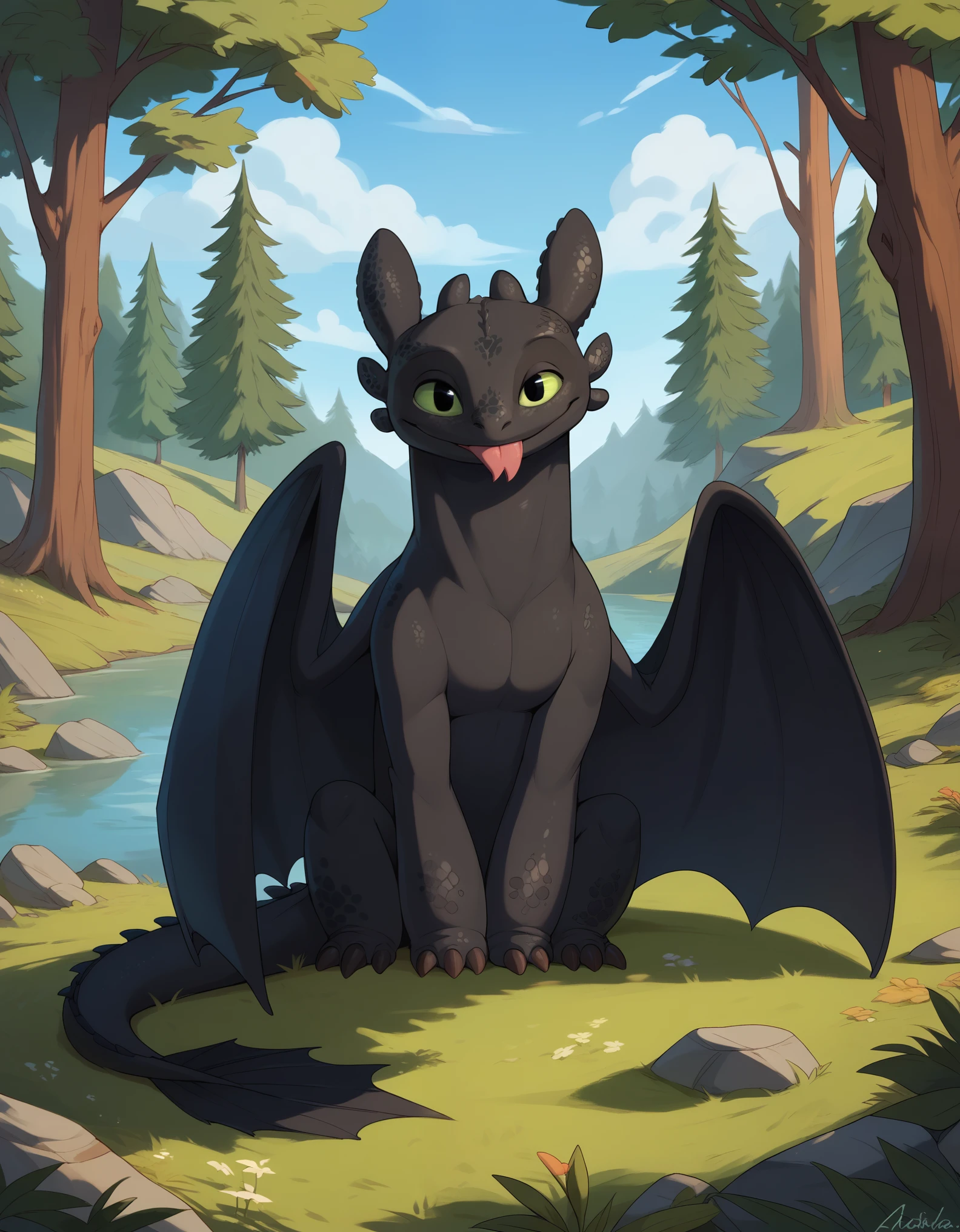 score_9, score_8_up, score_7_up, score_6_up, toothless_httyd, smile, tongue out, looking at viewer, forest, outside, day, sky, forked tongue, sitting