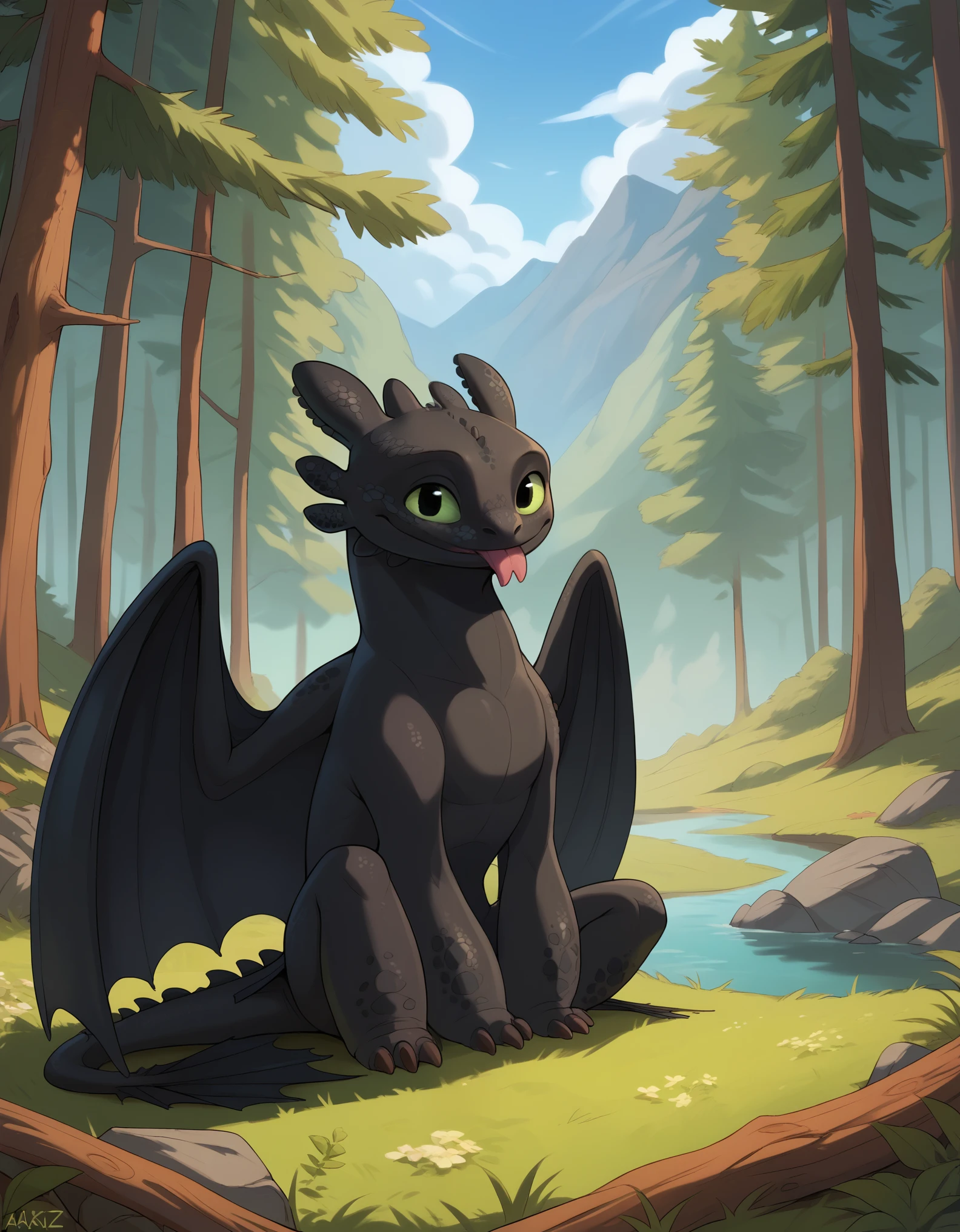 score_9, score_8_up, score_7_up, score_6_up, toothless_httyd, smile, tongue out, looking at viewer, forest, outside, day, sky, forked tongue, sitting