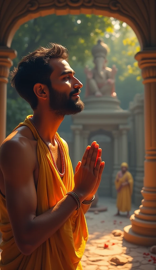 A poignant scene showing a poor named Ramesh sitting on the steps outside a grand temple. He looks dejected and heartbroken, with tears streaming down his cheeks. Ramesh is dressed in simple, worn clothes, and his small figure appears fragile against the imposing backdrop of the temple. His hands are clasped together in a gesture of deep prayer, and his face is turned upward as he calls out to Lord Krishna from the depths of his heart.
The temple in the background is beautifully decorated, with people still entering for the festival, but Ramesh sits alone, feeling isolated from the joyous atmosphere. His sorrowful eyes and the wet trails of tears on his cheeks convey his deep emotional turmoil. The scene is infused with a mix of divine longing and innocence, as Ramesh silently questions why his poverty should prevent him from receiving the blessings of the Lord, despite his unwavering devotion.