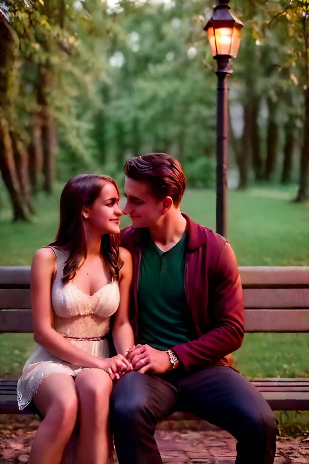 Intimate and high-quality photos of (Couple:1.2), Sit On (Bench:1.1), (Enchanting Light:1.1), sexy, passionate, exquisitely detailed, (sweat:1.1) with (glittering droplets:1.1), castle backgrounds, Sony Alpha 7R IV Camera, Digital Photo, f/2.8 lens, black-red, , Too many realistic textures, trends on social media, night light