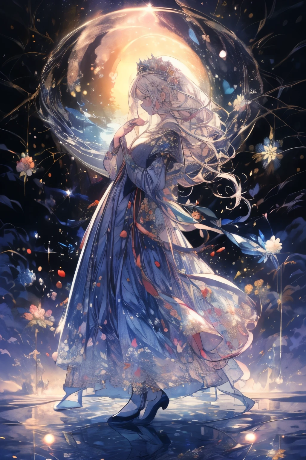 (Mastepiece), (Best Quality), Very detailed, 1 girl, (Full body solo shot:1.5), Perfect Face, beautiful girl, Very detailedな顔,(Blue long dress:1.4)、(Long white hair:1.5),(blue eyes:1.4),(Princess:1.4)、(White flower:1.4)、(Blue Butterfly々:1.3)、(starの粒子:1.3)、moonlight、流れstar、(night、star空、White Moon:1.4)、star々、moonlight