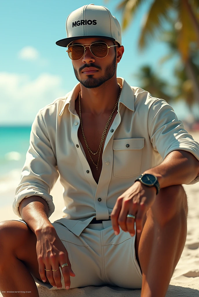 brown man, very realistic, masculine, short hair, summer outfit, sit in a chair
