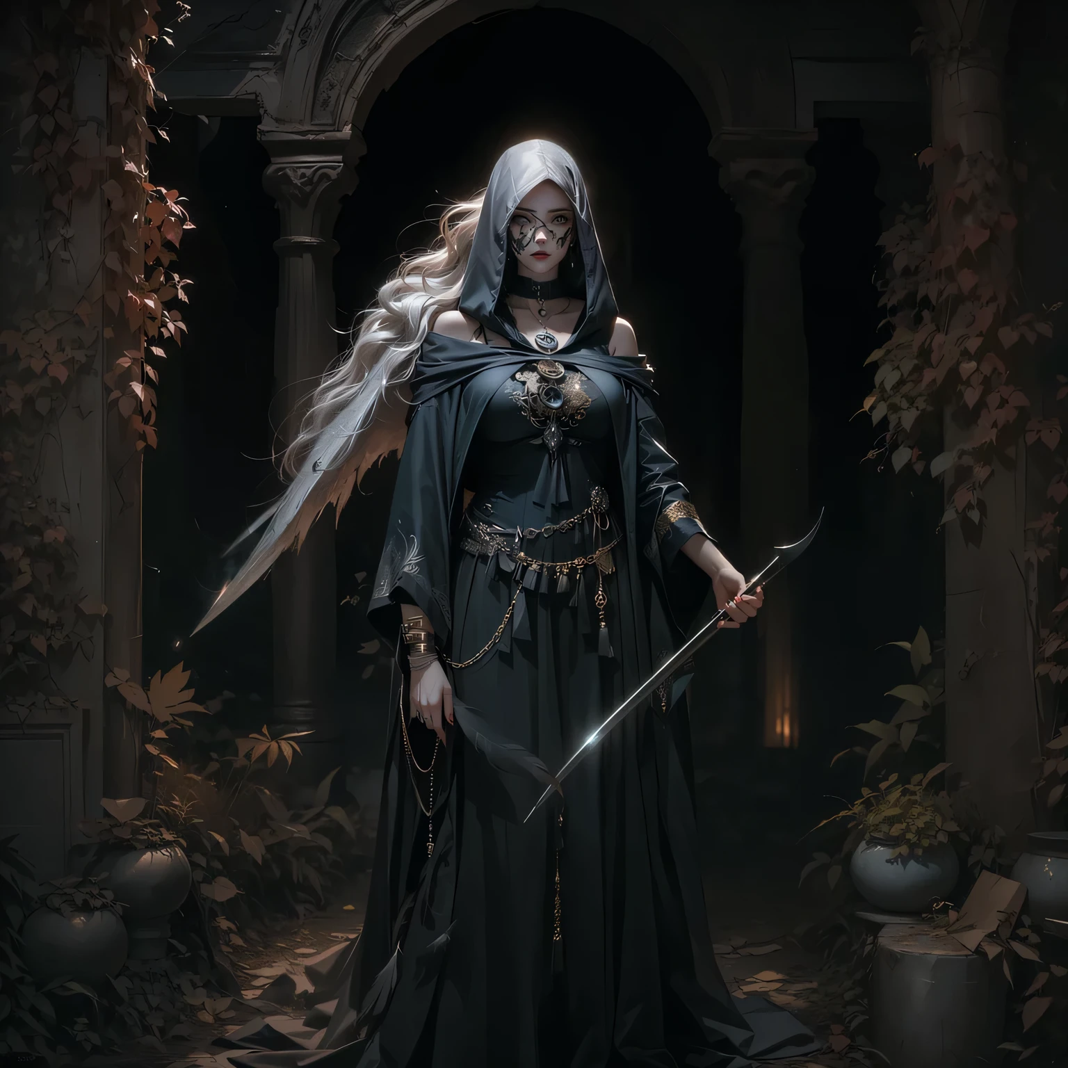 a dark elf necromancer with black robes, glowing eyes, intricate tattoos on face and arms, holding a glowing staff, in a dark dungeon setting with flickering candles, gothic architecture, cobweb covered walls, (best quality, masterpiece:1.2), ultra-detailed, (realistic, photo-realistic:1.37), dark fantasy, chiaroscuro lighting, moody atmosphere, dramatic lighting, photorealistic, cinematic, 4k, 8k, highres, UHD, retina, masterpiece, accurate, anatomically correct, textured skin, super detail, high details, high quality, award winning, best quality, highres, 1080P, HD, 4K, 8k, 16k, elf ear, grey skin, cannibal, blood, bones, sadic smile