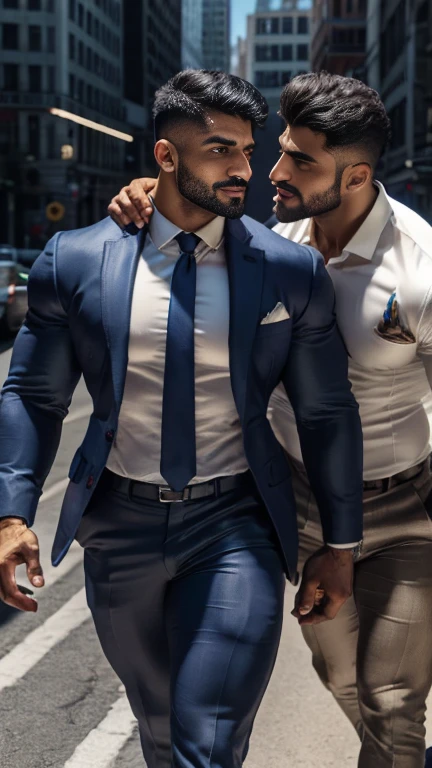 Indian latino Gay couple mouth to mouth kissing on road, sunnyday, wearing a strict business suit, muscular men, business men, gay, tall handsome guys, sexy masculine, well dressed, gentleman, wearing suits!, dressed in a suit, Realistic, ((Masterpiece)), ((Best quality)), (Detailed), Cinematic, Dynamic lighting, soft shade, Detailed office background, Professional photography, Depth of field, Intricate, Detailed face, Subsurface scattering, photo-realistic hair, Realistic eyes, Muscular, Manly, spiky hair cut，Handsome photo (indian Latino beared men), Mecha 4RMOR, front opened shirt on upper body， Glowing, Dynamic pose, office background，stubbles, Pants,The huge bulge in formal trouser，the sunny day