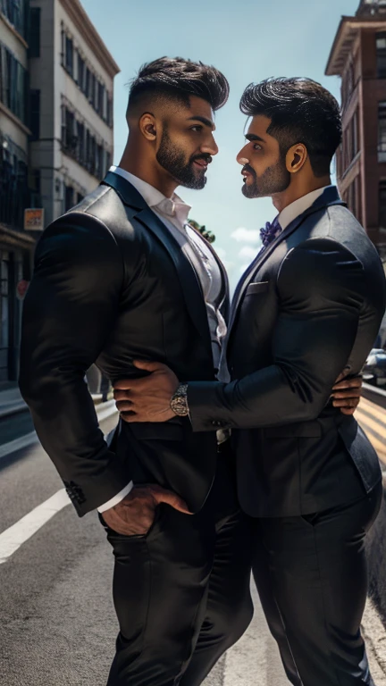 Indian latino Gay couple mouth to mouth kissing on road, sunnyday, wearing a strict business suit, muscular men, business men, gay, tall handsome guys, sexy masculine, well dressed, gentleman, wearing suits!, dressed in a suit, Realistic, ((Masterpiece)), ((Best quality)), (Detailed), Cinematic, Dynamic lighting, soft shade, Detailed office background, Professional photography, Depth of field, Intricate, Detailed face, Subsurface scattering, photo-realistic hair, Realistic eyes, Muscular, Manly, spiky hair cut，Handsome photo (indian Latino beared men), Mecha 4RMOR, front opened shirt on upper body， Glowing, Dynamic pose, office background，stubbles, Pants,The huge bulge in formal trouser，the sunny day