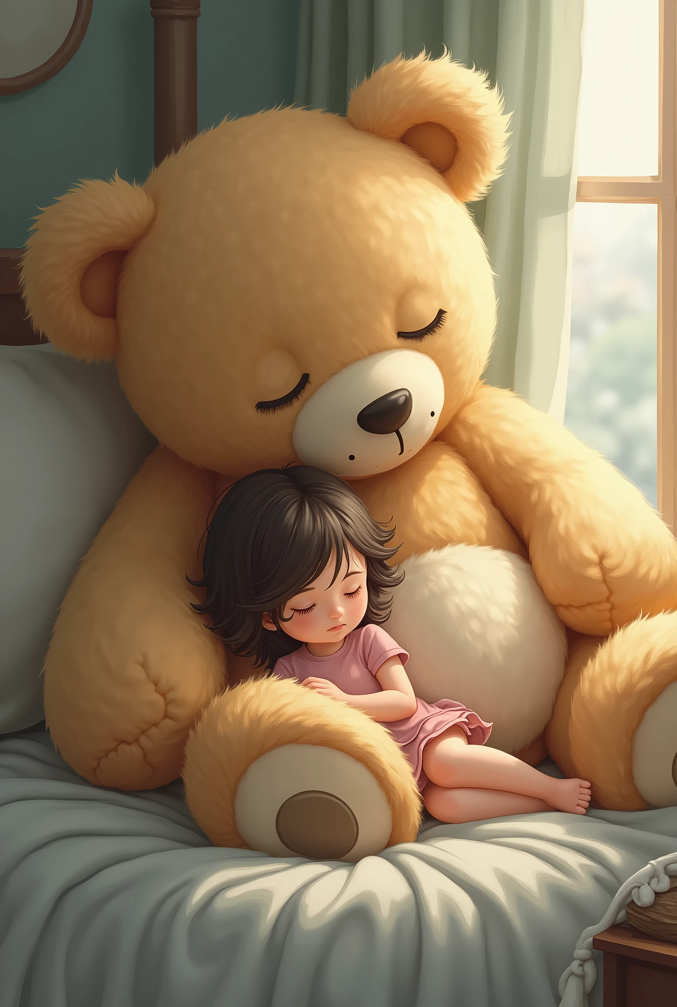 A small koala hugging a Japanese child in bed