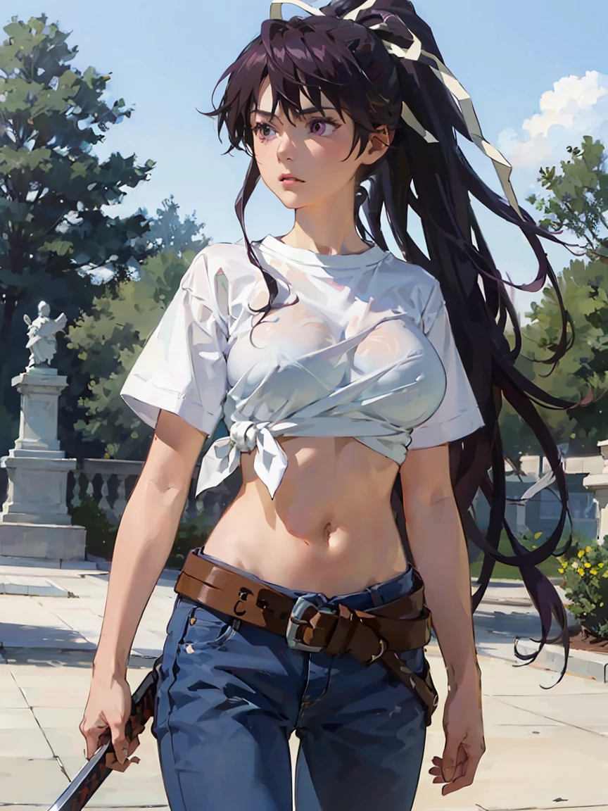 Masterpiece, best quality, height, 1 girl, alone, With shell, Asymmetrical clothes, navel, purple eyes, My hair is very long., Tie-dye shirt, Diaphragm, hair ribbon, Single pant leg, white shirt, ponytail, black hair, Big ,big breasts, jeans, white ribbon, brown belt, purple hair, Asymmetrical pants, outdoor, cowboy shoot, sword, weapon,
