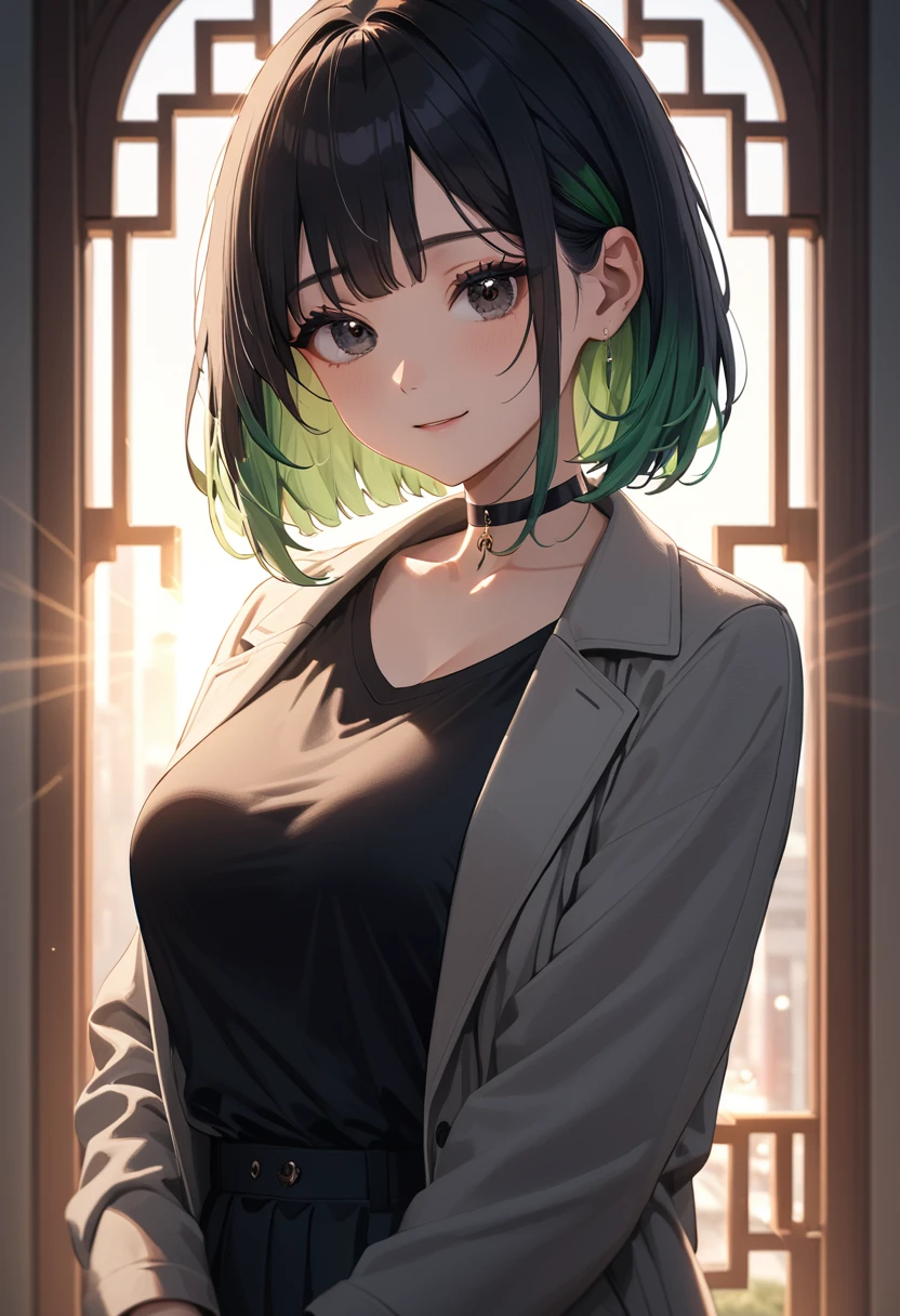 masterpiece,(Perfect Anatomy),cowboy shot,(1woman,solo),cowboy shot,20歳の美女、black hair,short bob hair,a smile,(小さい頭:1.1,skinny:1.4,slender body,medium breasts,gleaming skin,oily skin,shiny skin),((ミニスカート:1.5、生脚:1.5,軍服)),standing,陸軍基地、