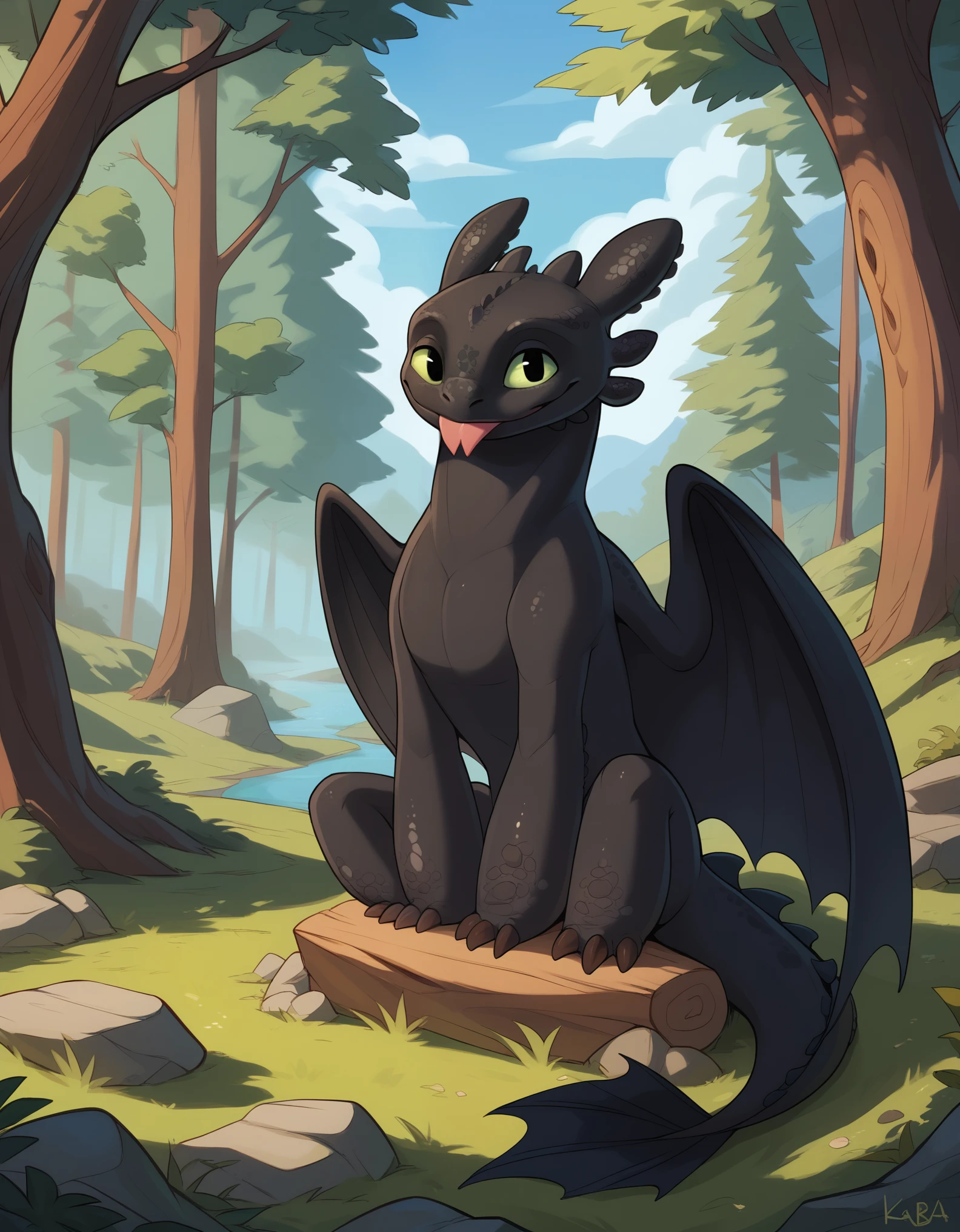 score_9, score_8_up, score_7_up, score_6_up, toothless_httyd, smile, tongue out, looking at viewer, forest, outside, day, sky, forked tongue, sitting