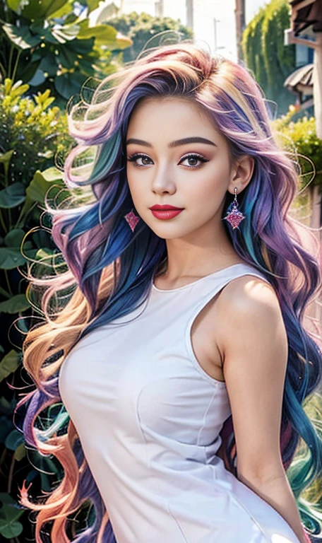 score_9, score_8_up, score_7_up, (masterpiece:1.5), high quality, aesthetic photo ,(HDR:1.3), pore and detailed, intricate detailed, graceful and beautiful textures, RAW photo, 16K, diffused sunlight, 8K, RAW photo, photo of celebrity, RAW, beautiful woman, ((detailed face, colorful rainbow hair:1.2)), ((detailed facial feature, detailed skin, clear skin, parted lips), (perfect proportioned body, medium breasts), hint of cleavage, (((wearing Summer Short Sleeves, Hair, Skirt, long luscious hairs, curls, Chest, Jewelry: 1.5))), (high detailed indoors: 1.3), (realistic photo, best quality, detailed), (8k wallpaper), (cinematic lighting, dramatic lighting) (sharp focus, intricate)