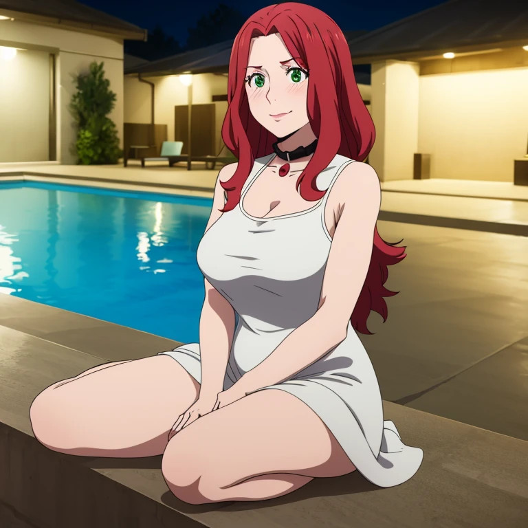 A woman wear one piece dress, white dress, pool, sit on side pool, night, long hair, red hair, green eyes, smile, blush, ultra resolution , perfect, very detailed, work of art, 4k hd, large breasts, full body,