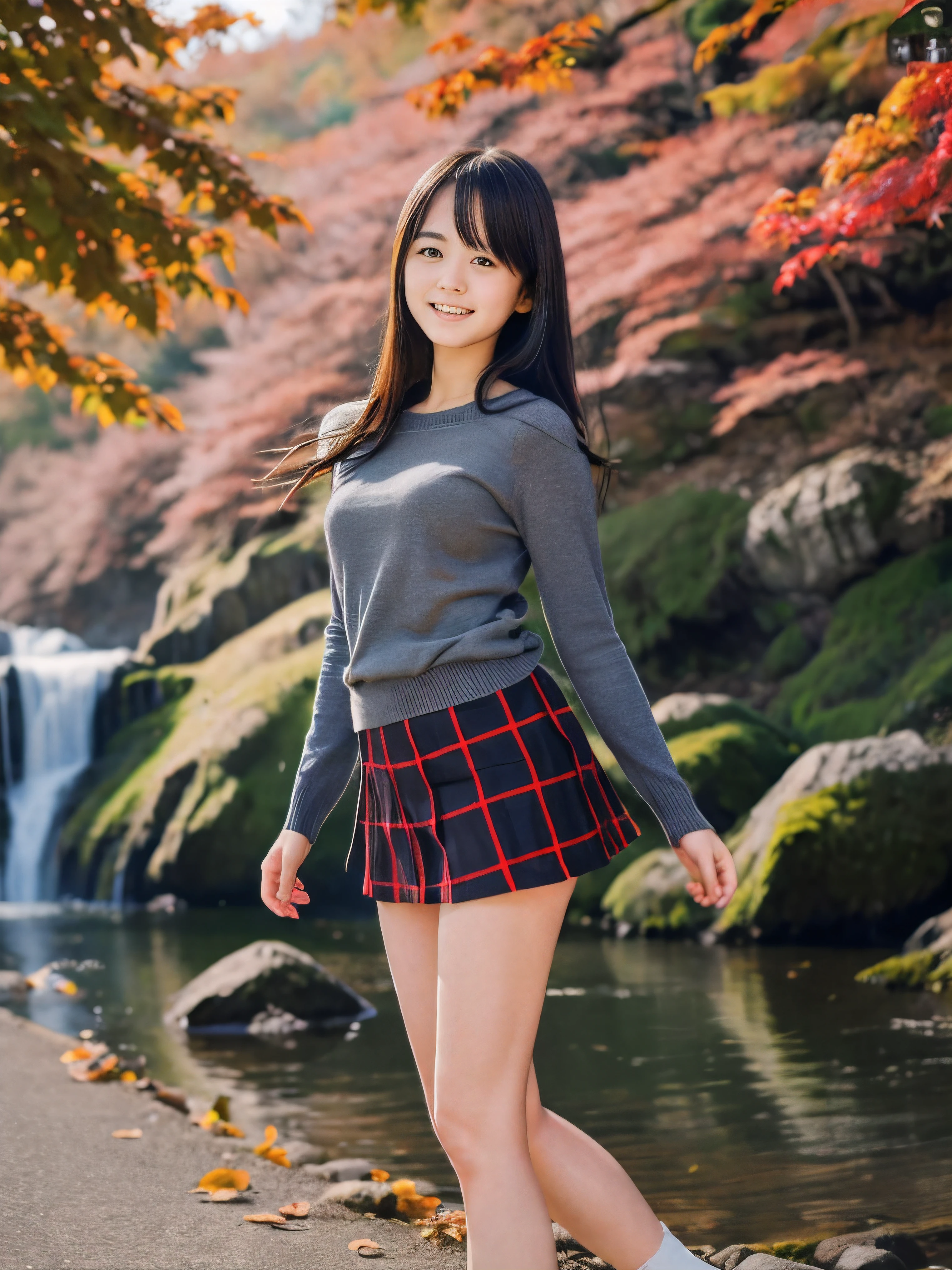 (Close up face shot of one slender small breasts dark silver long hair with swept bangs girl in a long sleeves shirt and sweater and skirt:1.5)、(One girl is dancing with happy smile on the dart road near the lake and big waterfall in Japan:1.5)、(Beautiful autumn red leaves landscpe:1.5)、(Natural light:1.5)、(8k ultra detailed master piece:1.5)、(perfect anatomy:1.5)、(Photorealistic stick:1.5)、(Raw photo:1.3)、(highest quality:1.5)、(High resolution:1.3)、(Delicate and beautiful perfect face:1.3)、(Delicate and beautiful eye air skin:1.3)、(Real Human Skin:1.3)、((thin legs))