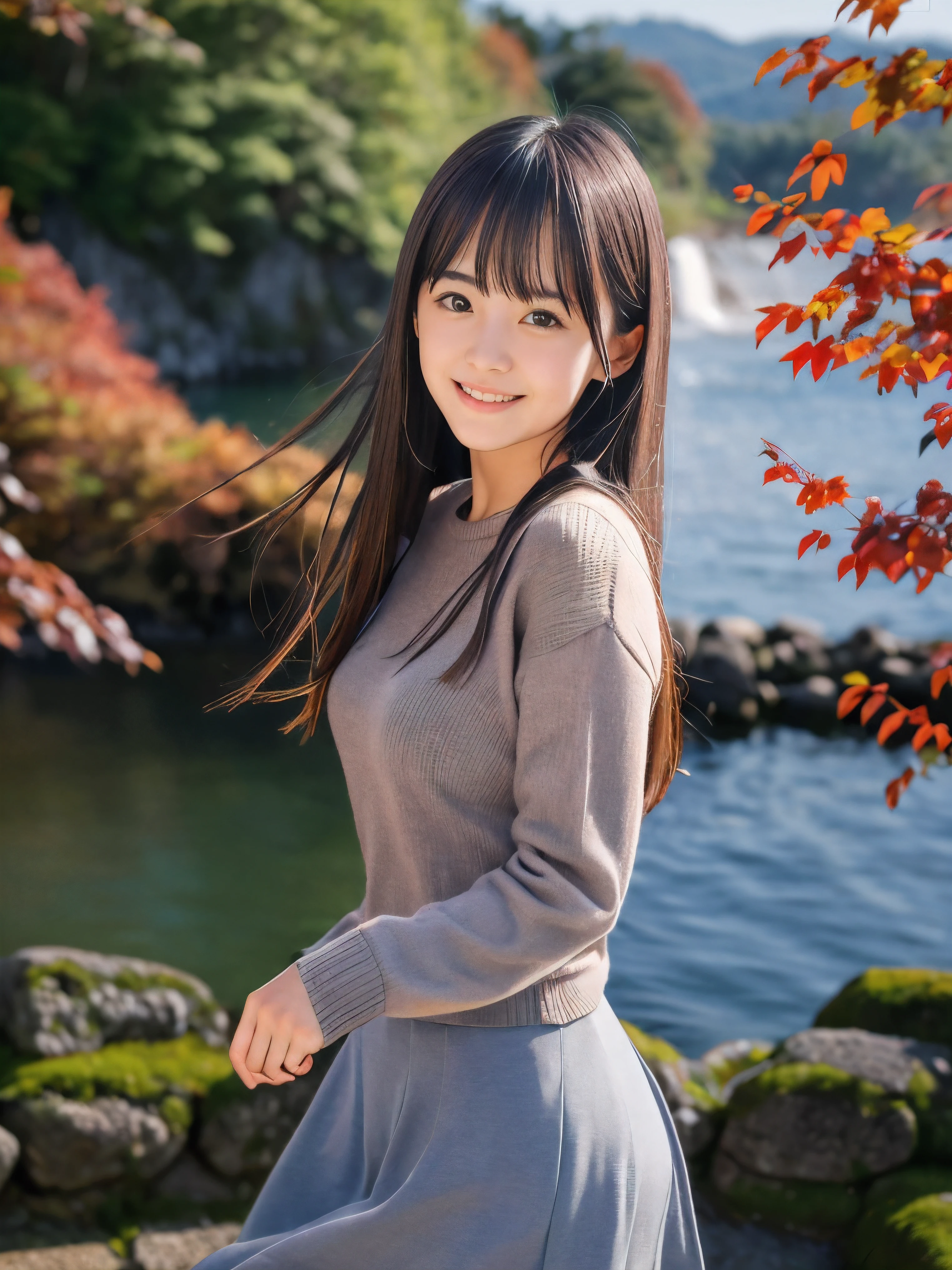 (Close up face shot of one slender small breasts dark silver long hair with swept bangs girl in a long sleeves shirt and sweater and skirt:1.5)、(One girl is dancing with happy smile on the dart road near the lake and big waterfall in Japan:1.5)、(Beautiful autumn red leaves landscpe:1.5)、(Natural light:1.5)、(8k ultra detailed master piece:1.5)、(perfect anatomy:1.5)、(Photorealistic stick:1.5)、(Raw photo:1.3)、(highest quality:1.5)、(High resolution:1.3)、(Delicate and beautiful perfect face:1.3)、(Delicate and beautiful eye air skin:1.3)、(Real Human Skin:1.3)、((thin legs))