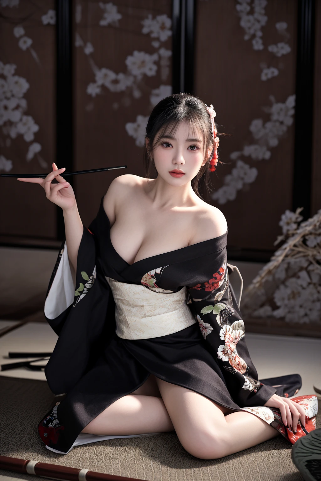 (1 girl: 1.3), Solo, __body parts__, offcial art, Unity 16K wallpaper,femele，Around 35 years old，intelligence，with glasses， Chest Opens Kimono shifts and shoulders are visible, Super detailed, Beautiful and aesthetic, Beautiful feet, Masterpiece, Top quality, komono, Silk robe, origami spell, Elegance, disheveled, bust top, kimono up to the waist, hiding breasts with hands,Wear flesh-colored stockings，Beautiful legs are visible， dimly lit mansion