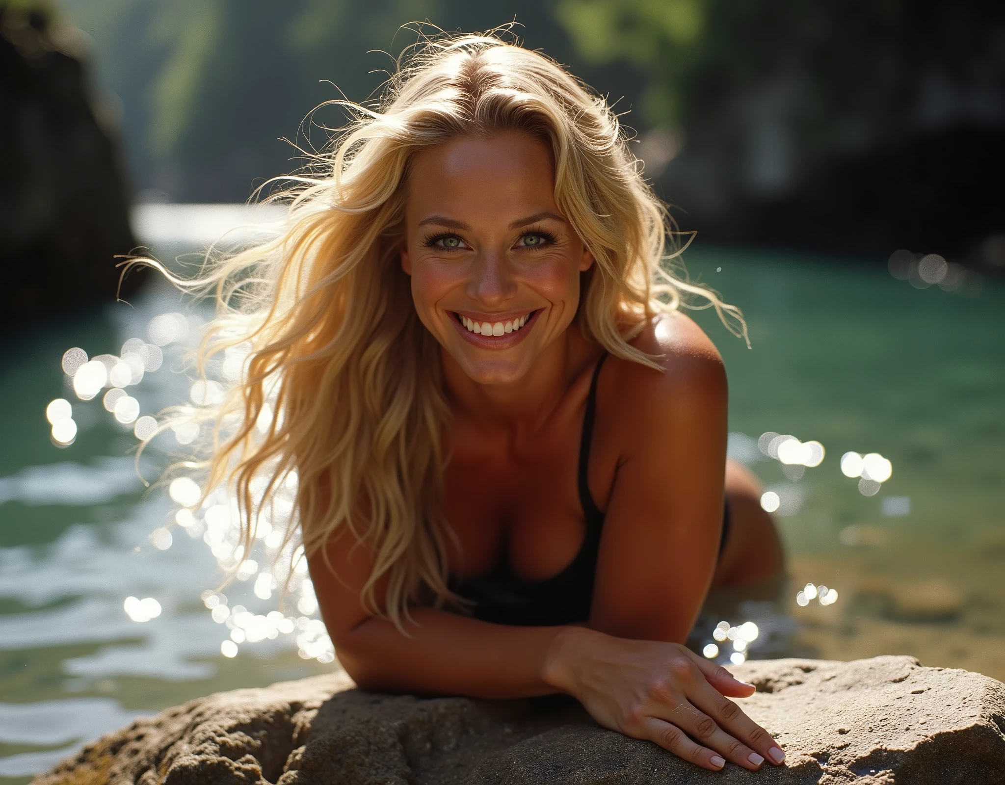 blonde woman fetching butterfly, smile, wavy hair,black and blue bikini, open mouth, right hand raised, black collar, vegetation background