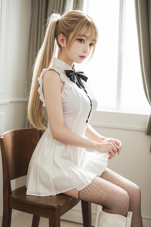  1 woman, White wavy hair on a chair, Korea, Heterochromic eyes, Small mole under the eye, ((Short apron)), Medium bust, Long legs, Tighten your stomach, (camel toe), (no panties), (not good)