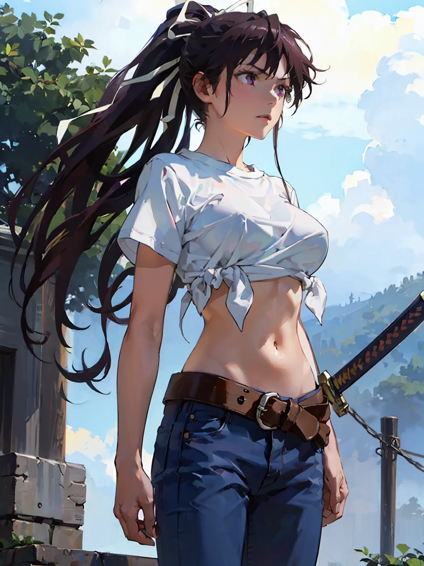 Masterpiece, best quality, height, 1 girl, alone, With shell, Asymmetrical clothes, navel, purple eyes, My hair is very long., Tie-dye shirt, Diaphragm, hair ribbon, Single pant leg, white shirt, ponytail, black hair, big breasts, jeans, white ribbon, brown belt, purple hair, Asymmetrical pants, outdoor, cowboy shoot, sword, weapon,
