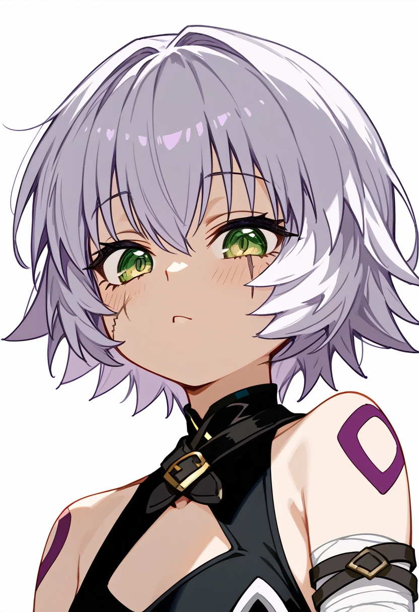 Masterpiece, best quality, score_9, score_8_up, score_7_up, 1girl, solo, jack the ripper \(fate/apocrypha\), close-up, portrait, short hair, grey hair, green eyes, scars, scar on right eye, scar on left cheek, shoulder tattoo, bandages, bandaged arm, arm belt, belt, sleeveless, fingerless gloves, single glove, neutral, innexpressive, standing, arms at sides, upper body, below view, looking at viewer, white background, simple background