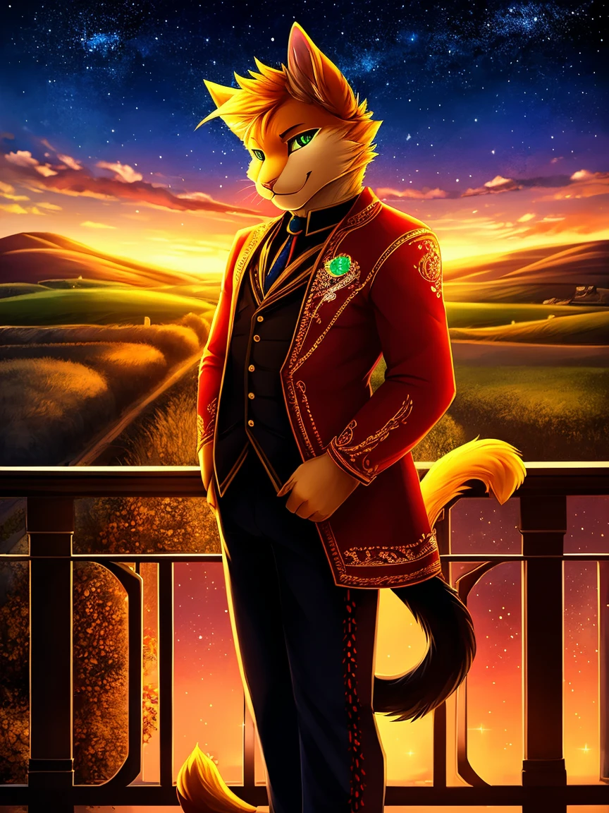 work of art, high qualiy, 4K, beautiful design, Ablaze, Furry, Cat, male, Waering a Blazer, extremely detaild, incredible, fine-details, absurderes, standing alone, tecido Ablaze, posing on a balcony overlooking the starry sky, surrounded by farms, scarlet embroidery