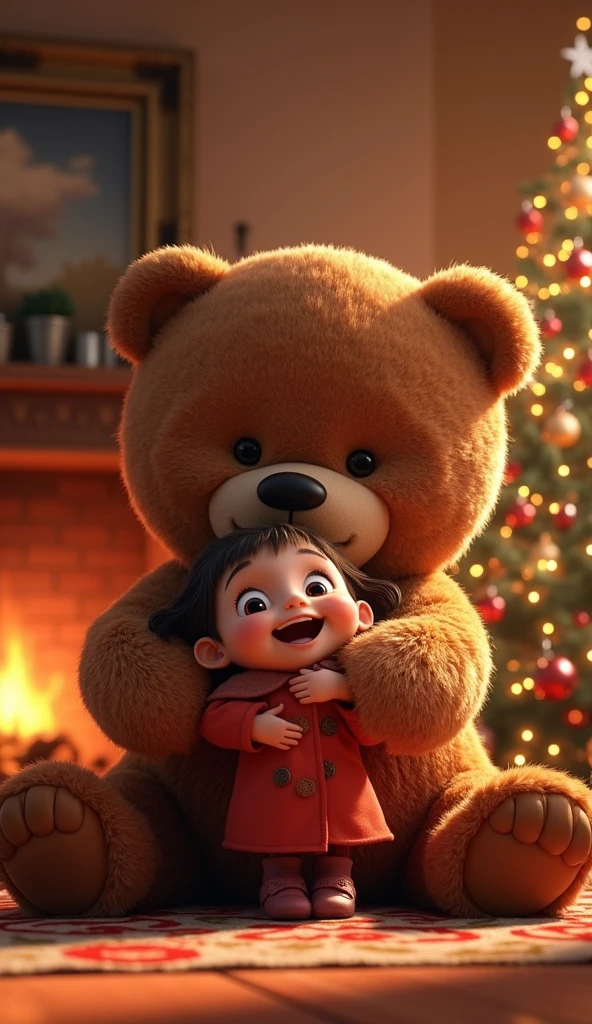 a disney style 3D rendering of a small girl hugging a giant teddy bear in a cozy living room on Christmas day, pixar style, fireplace, christmas tree, warm lighting