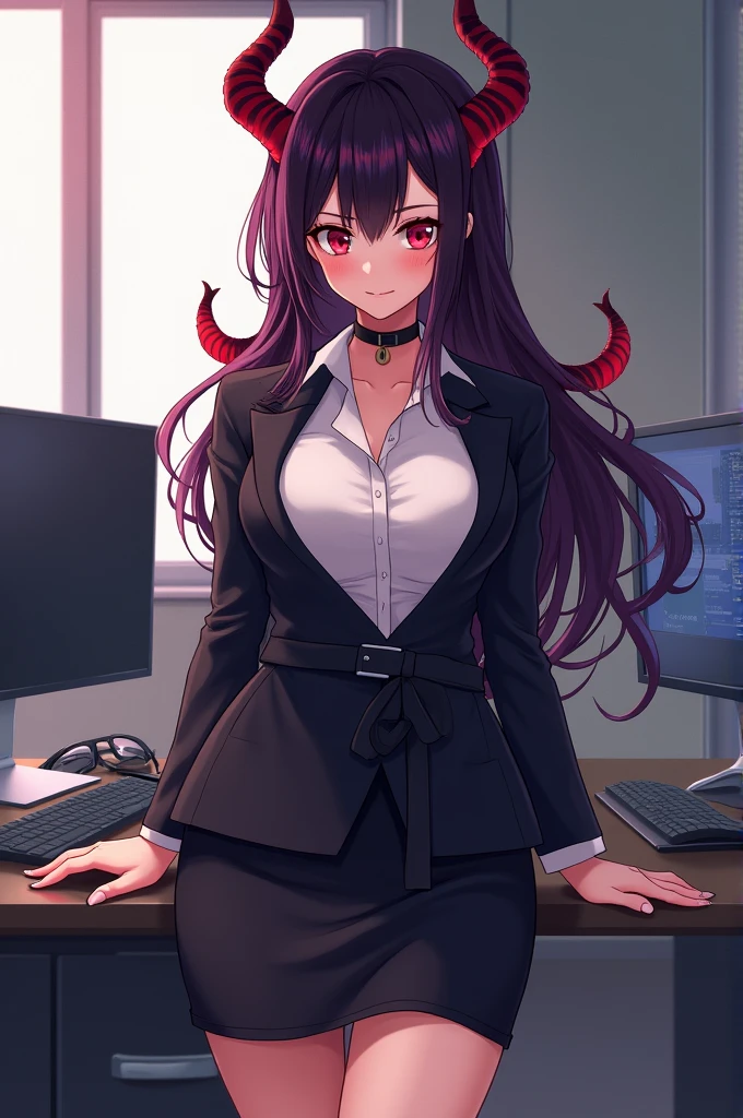 (masterpiece:1.2),(best quality:1.2),(masterpiece, best quality, ultra-high resolution), (demon woman), (office), Short black hair, intense and piercing eyes, red skin, small and discreet horns, slim and elegant figure, small breasts, Dresses in a formal blouse and a tight skirt to the knees, glasses.