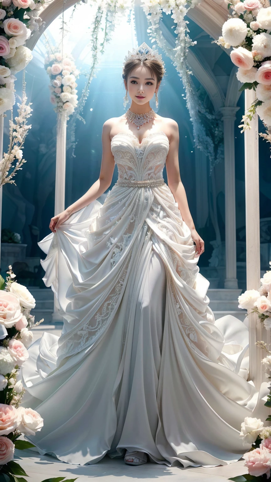 (Highest quality、Tabletop、8k、Best image quality、Award-winning works)、(Professional Lighting), (One beautiful bride:1.1)、(alone:1.2)、Wedding Style、(The most extravagant and luxurious huge wedding dresses:1.1)、(Perfect Wedding Lace:1.2)、(The most extravagant and luxurious giant tiara:1.1)、(The most luxurious and luxurious giant necklace:1.1)、The most beautiful smile looks at me、A large amount of the finest jewelry、(Full body photo:1.5)、Perfect Makeup、Long eyelashes、Ultra-high definition sparkling eyes、Ultra HD Hair、Ultra-high resolution glossy lips、Ultra High Resolution Perfect Teeth、Super high resolution beautiful face、(Accurate anatomy:1.1)、(Very bright and beautiful skin:1.2)、(very bright and vivid:1.2)、(The body faces straight ahead:1.2)、(Standing Elegantly:1.1)