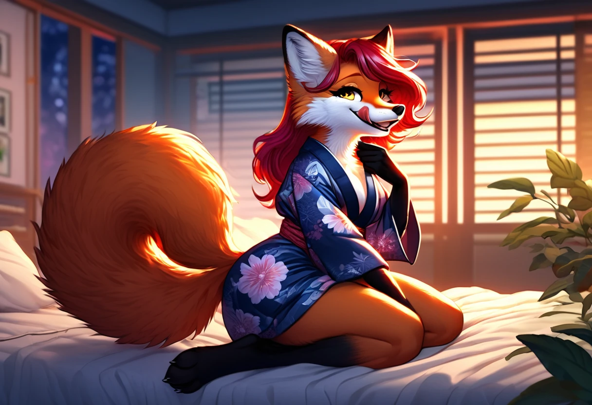 red fox, female, vixen, fox tail, full body, sexy body, slanky body, sexy face, nice, hot, cute, gorgeous, alluring, romantic, beautiful, sexy body, voluptuous, hair, scarlet hair, red hair, yellow eyes, smile, smiling out of hilarity, laughing, giggling cutely, paw covering mouth from laughing, paw on mouth, highest quality, high quality illustrations, masterpiece, Ultra-high resolution, Detailed Background, night, Absurd, Perfect Anatomy, performance, Good lighting, anthro, furry, in a bedroom, bed, pillow, plant, side view, on knees, gazing at viewer with side eye, side gaze, smug grin, tongue out, licking lips, safe for work, wearing a yukata