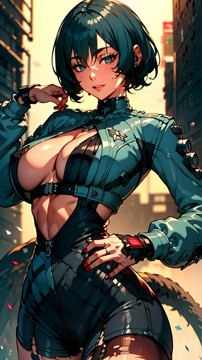 masterpiece,Best quality,a high resolution,8 K,ultra HD, Short jacket, cyberpunk clothes, illustration,perfect face,cowboy shot,beautiful detailed eyes,very detailed face,perfect lighting,extremely detailed computer graphics,perfect hands,Ideal Anatomy,perfect hands,perfect fingers,1 woman, whole body,,(slim figure1.1),black short hair,light green eyes, small breasts, small voluminous breasts,light green v-bodysuit,,dressed,,clavicle,,I look at the viewer,sexy pose, (Zenless Zone Zero Character Jana Doe),(one big cyberpunk black rat tail from the tailbone:1.3),1 person,