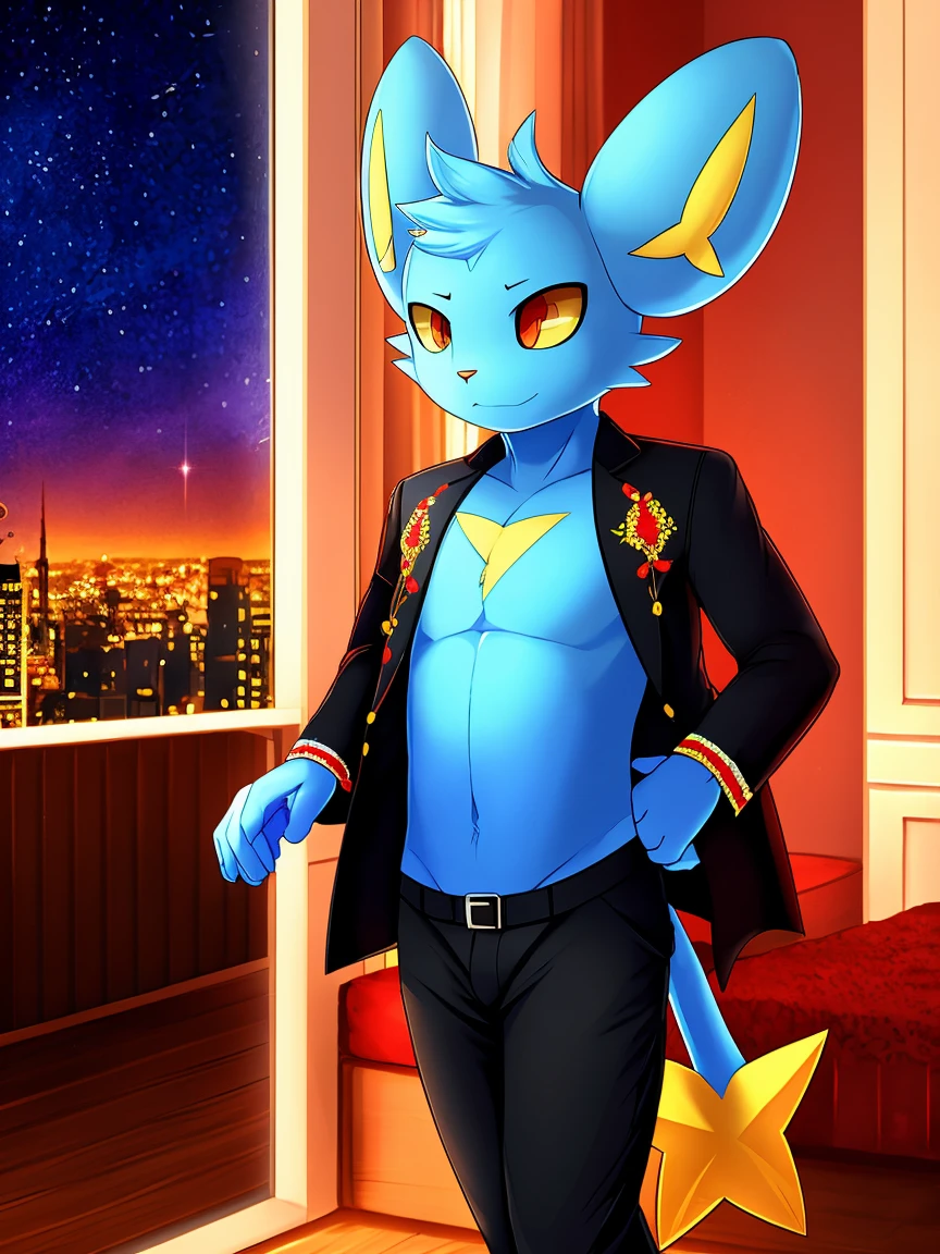 work of art, high qualiy, 4K, beautiful design, Ablaze, Furry, Cat, shinx, male, Waering a Blazer, extremely detaild, incredible, fine-details, absurderes, standing alone, tecido Ablaze, posing in an apartment overlooking the starry sky, scarlet embroidery