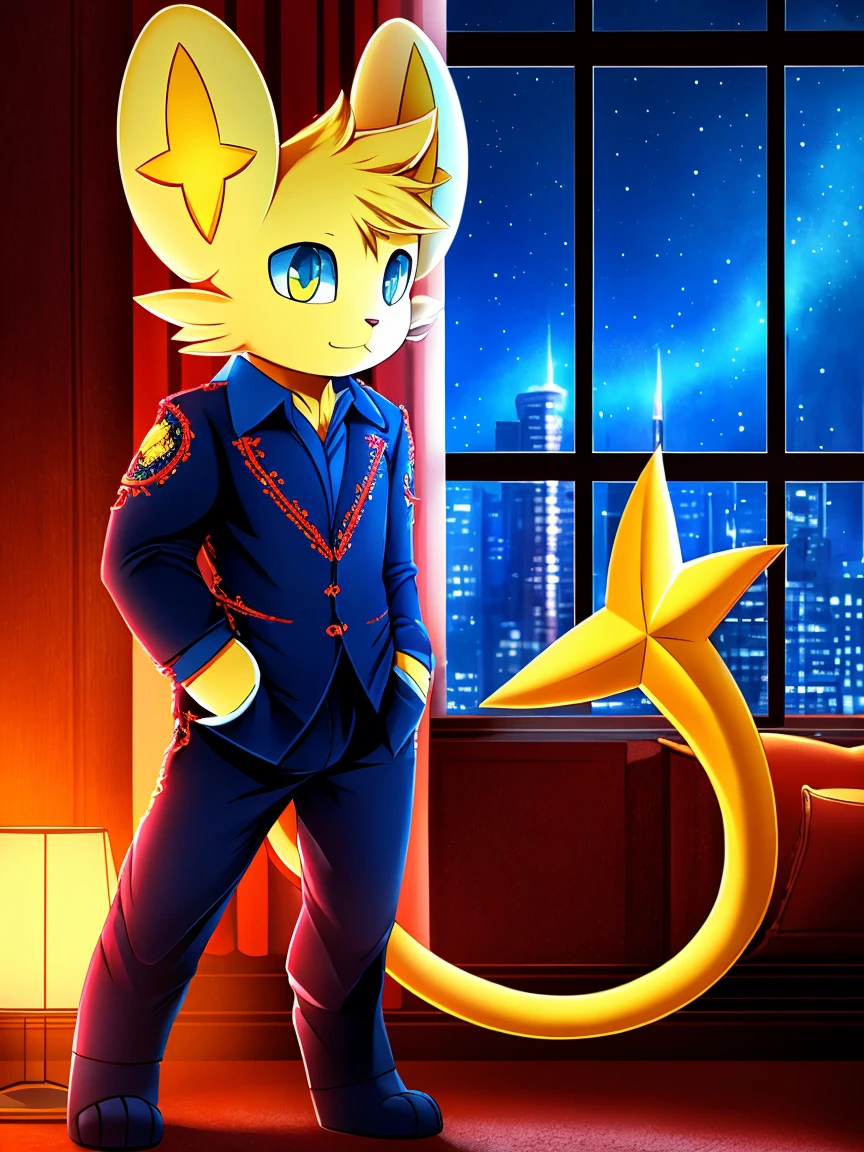 work of art, high qualiy, 4K, beautiful design, Ablaze, Furry, Cat, shinx, male, Waering a Blazer, extremely detaild, incredible, fine-details, absurderes, standing alone, tecido Ablaze, posing in an apartment overlooking the starry sky, scarlet embroidery