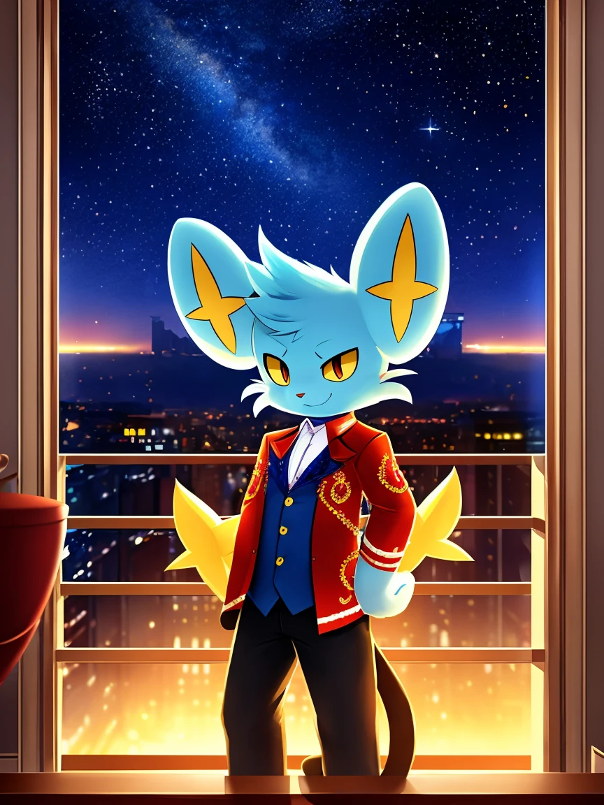 work of art, high qualiy, 4K, beautiful design, Ablaze, Furry, Cat, shinx, male, Waering a Blazer, extremely detaild, incredible, fine-details, absurderes, standing alone, tecido Ablaze, posing in an apartment overlooking the starry sky, scarlet embroidery