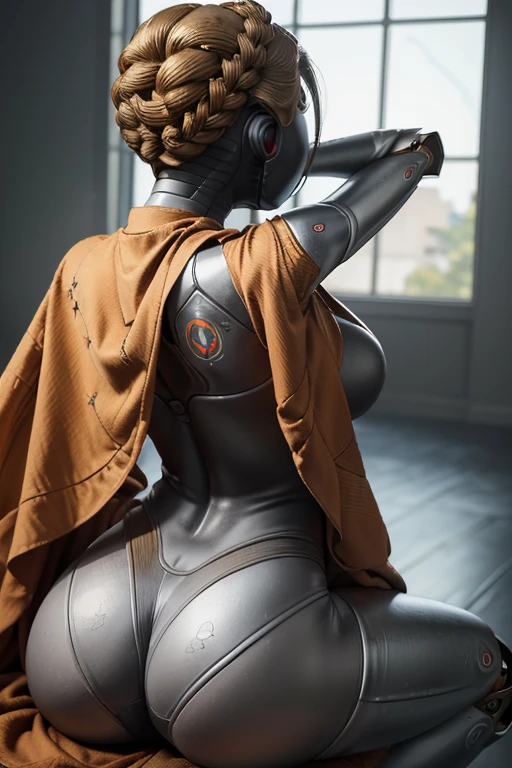 ((ultra detailed, masterpiece, absurdres))
AHTwins, 1girl, robot, no face, blonde hair, star (symbol)robe, long cape, sitting, sexy pose, leaning back, posing, from behind, ass support looking at viewer, stretching her butt