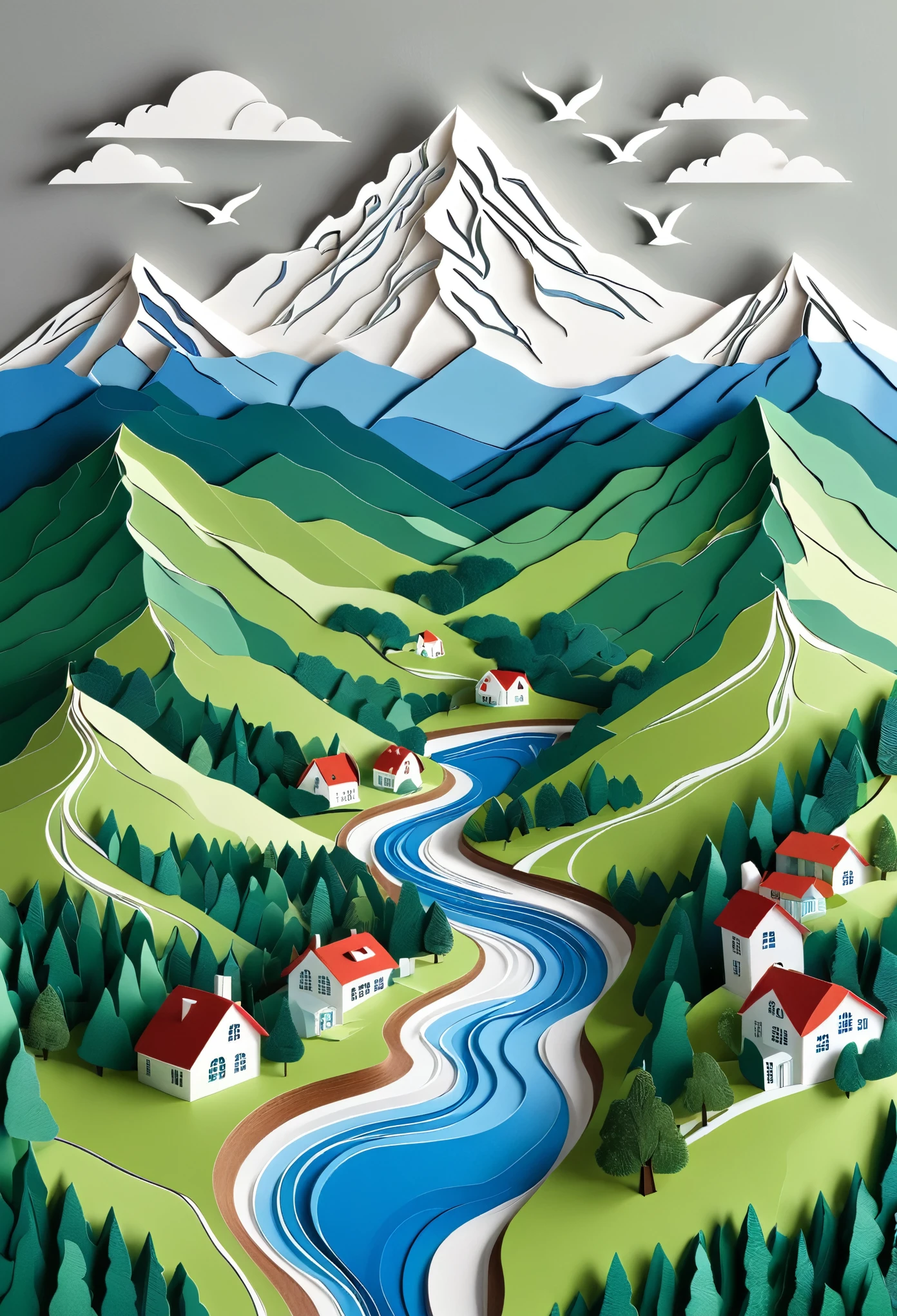 This is an illustration of threedimensional papercut art, with green mountains and white snow in the distance, blue sky, flying birds on top, light gray background, flat view angle, simple lines, simple colors, simple details, white space at bottom left corner, and several small houses below. The entire picture presents a vast expanse of grasslands and forests. There are also green hills under the snowcapped mountain peaks. It's very beautiful! by John Holcroft style. --ar 31:64 --style raw --stylize 250