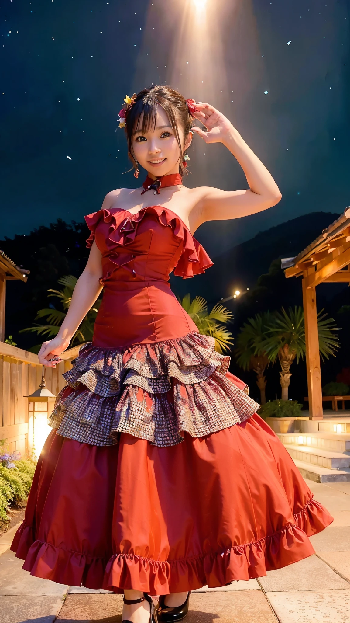 a woman is posing for a photo,(wearing flamenco_dance_dress:1.3), red dress,
good hand,4K, high-res, masterpiece, best quality, head:1.3,((Hasselblad photography)), Dancing in a starry sky、Japanese women、smile、Dancing Flamenco、Starry Sky Background、field、Starry Sky、