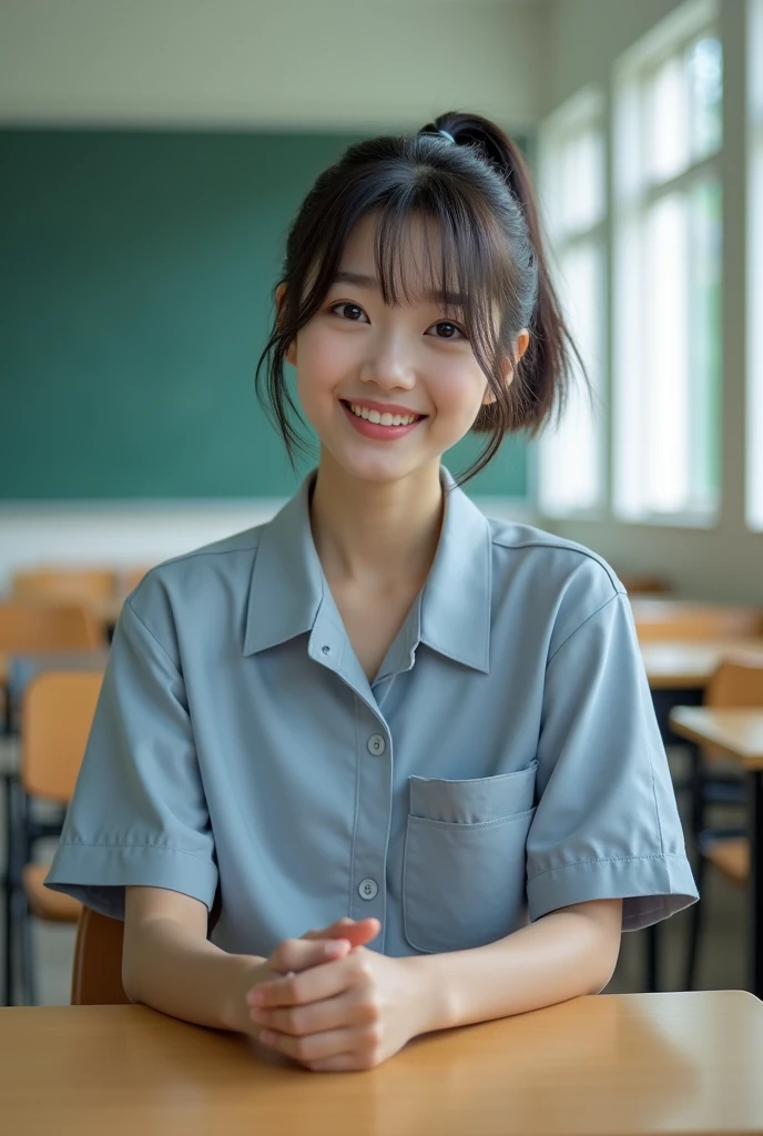 masterpiece, Highest quality, Beautiful 18 year old school girl, High resolution in the classroom, Anatomically correct, Highest quality, White shirt,smile, Character portrait,