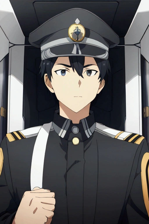 Create an image of a male spaceship captain with short black hair and black eyes. He is the captain of the Siliwangi ship, wearing his captain’s uniform complete with a distinctive hat. The uniform should look sleek and authoritative, reflecting his high rank and responsibility. In the background, depict the sophisticated and advanced interior of the spaceship’s command center. Add details that emphasize his leadership and command presence.