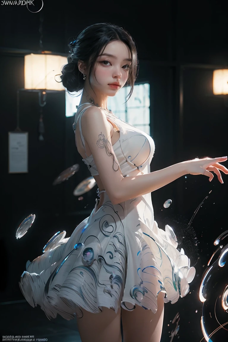 ((masterpiece, best quality)), ultra detailed 8k, photorealistic, sharp focus, highly detailed, professional lighting , shadowmancer, photo of a woman, ink particle, ((swirling black ink floating around)), futuristic fantasy, futuristic white dress, dynamic pose, realistic, masterpiece, intricate details, detailed background, depth of field,