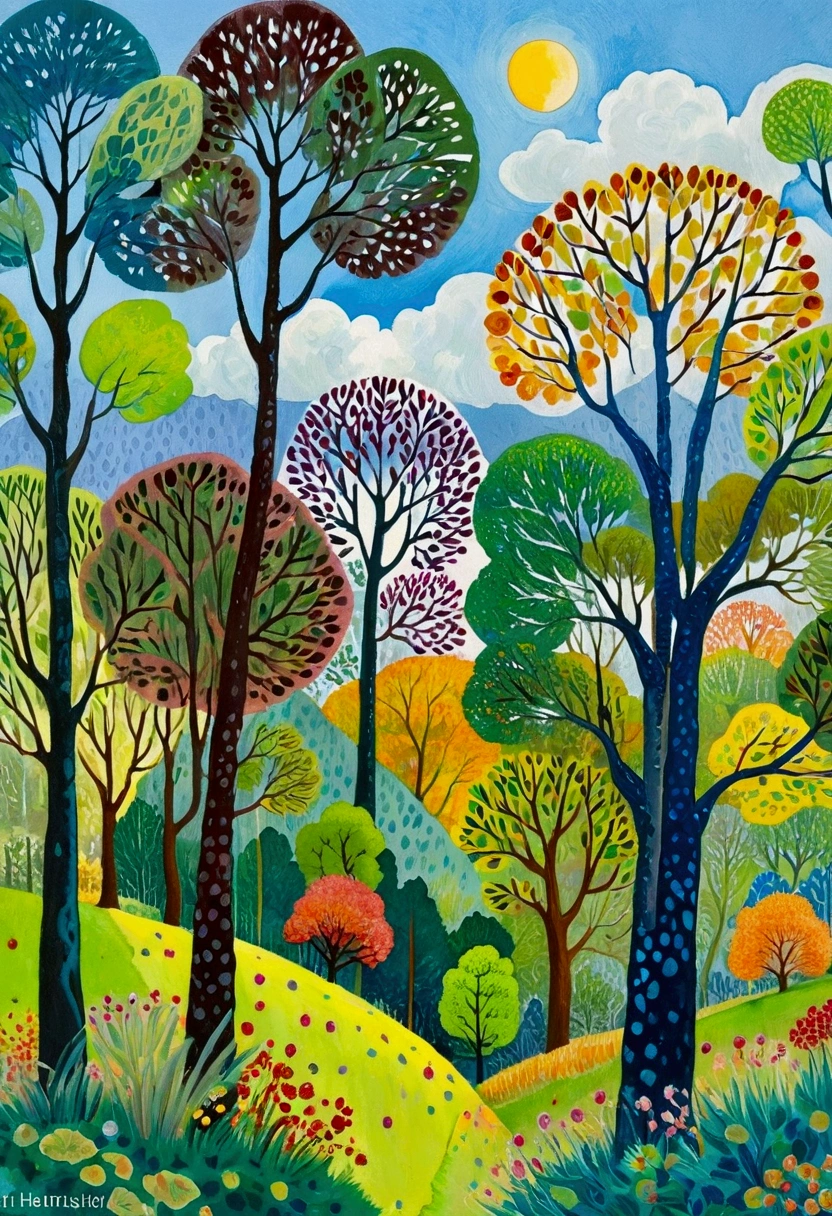 painting of a colorful landscape with trees and clouds, vibrant gouache painting scenery, whimsical forest, colorful trees, hill with trees, nature painting, bright forest, trees in the grassy hills, colorful landscape painting, detailed trees, lots of trees, painting of a forest, random forest landscape, trees with lots of leaves, inspired by Henri Rousseau, inspired by Pacita Abad