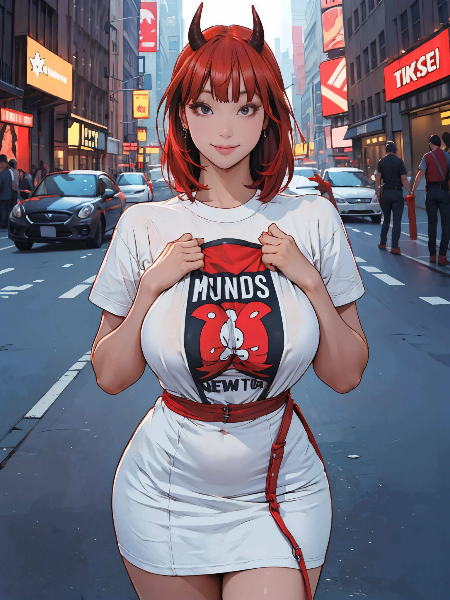 girl, body tilt, long layered hair, hime cut bangs, (oni horn:1.2), t-shirt mini dress, short sleeves, thighs, wide hips, (hands up, breasts squeeze), (gigantic breasts:1.2), detailed face, looking at viewer, closed mouth, smile, red hair, red leather, standing, new york, street, midnight,